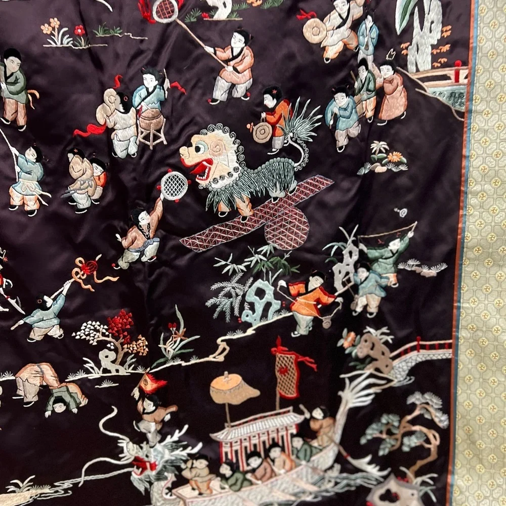Large Chinese Asian Silk Embroidered Tapestry Wall Hanging Art Panel 36” x 65”